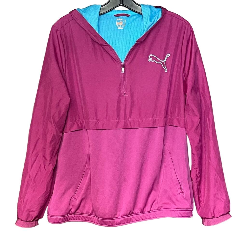 Puma pullover windbreaker jacket hooded pink aqua blue colorful teen girls XL